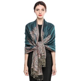 Pashmina Scarf Women Luxury Reversible Shawl Paisley Wrap Blanket Scarves with Fringes 78.5'' X 27.5''(Dark Green)