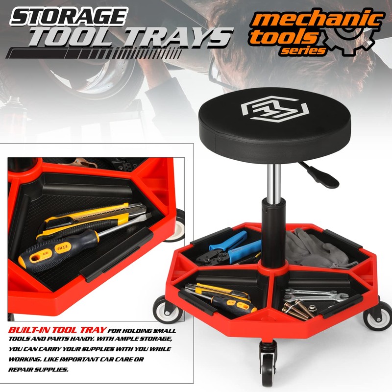 M-AUTO Pneumatic Mobile Rolling Garage Stool with Equipment Tray and