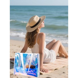 Woeoe Holographic Iridescent Clear Tote Bag for Women Waterproof Sandproof Beach Shoulder Handbags​ Bags Reusable Favor Bags for Work Stadium Travel​