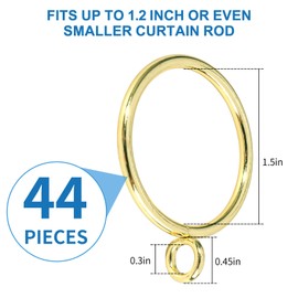 AMZSEVEN 44 Pack Curtain Rings with Eyelets, Metal Eyelet Drapery Rings for Hanging Pinch Pleat Curtain Pin Drape Hooks, Curtain Rings 1.5 Inch I D, Fits Up to 1.2 Inch Rod (Gold)