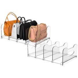 SURETIVIAN 2-Pack Purse Organizers for Closet, Adjustable Shelf Divider Rack for Closet, Clear Handbag Storage Organizer, Plastic Bookshelf Separator Divider for Bedroom Living Room Office