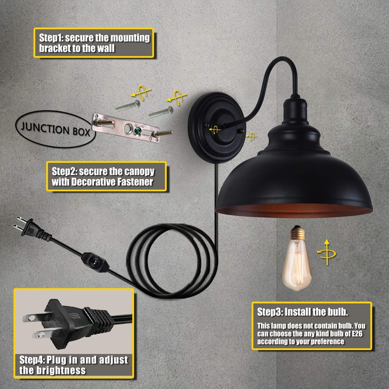 Lightess Dimmable Wall Sconce Plug in, Industrial Farmhouse Sconce with