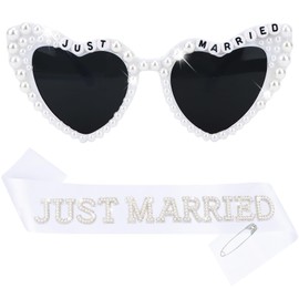 CIEHER Just Married Pearl Bride Sash and Bride Heart Shaped Sunglasses for Bachelorette Party Favors Wedding Party Bridal Shower Decorations