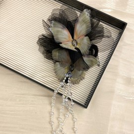 Rannyrena Elegant Lace Butterfly Flower Hair Clip with Beaded Tassel Dainty Floral Hair Claw for Women Butterfly Hair Piece for Wedding Bride (Black)