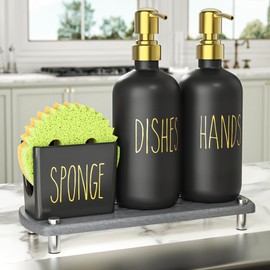 Cisily Soap Dispenser Set Comes with Ceramics Sponge Holder, Stainless Pumps, and Instant Dry Tray, Hand and Dish Soap Dispenser Set Suitable for Black and Gold Kitchen Decor. (Black & Gold)