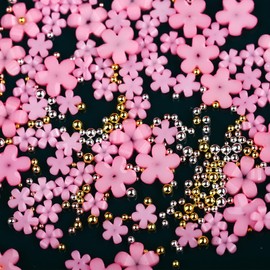 ROFIBUT Flower Nail Art Charms 3D Pink Flowers Nail Gems with Gold Pearl Beads Mix Sized Acrylic Flower Rhinestones Metal Beads Spring Cherry Blossom Gems Design for Women DIY Nail Decorations 1000Pcs
