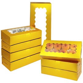 qiqee 50 Packs Gold Cookie Box with Window 12x5.5x2.5 Inch Two Uses Pastry Biscuit Bakery Box For Packaging