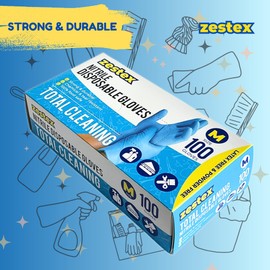 Zestex Nitrile Total Cleaning, Latex-free & Powder-free, Non-Sterile Food Safe Cleaning Disposable Glove, Blue, Medium, Case/100