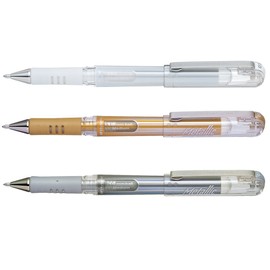 Pentel Hybrid Gel Grip DX K230 Pack of 3/3 Rollerball Gel Pens Metallic Gold and Silver 1 mm White