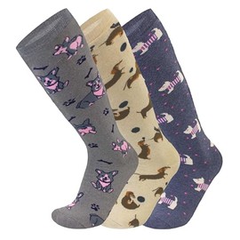 Ladies Design Wellington Boot Socks (3 Pairs) Women's Cotton Rich Breathable Welly Socks - Festival Walking Hiking Thermal Socks - Striped Cats Dogs Horses Animal Designs - UK Shoe Size 4-8