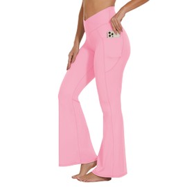 Flare Crossover Leggings with Pockets for Women 28" High Waisted V Cross Wide Leg Yoga Pants Tummy Control Bootcut Workout Gym Pink L