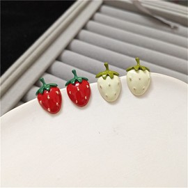 SEVENSTONE 2 pairs of gold Cute Red Strawberry Stud Earrings White Enamel Strawberry Earring Jewelry for Women Girls, Drip glaze, No Gemstone