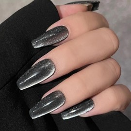 MISUD Press on Nails - Long Coffin Fake Nails with Goth Black, Acrylic Cat Eye Design 24 pcs