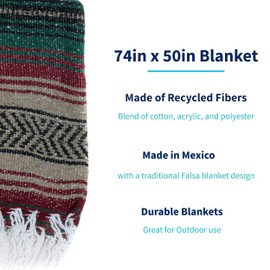 La Montana Mexican Blankets and Throws, 10 Pk, 74"x50" - Made in Mexico, Lightweight Yoga Blanket for Schools, Studios, Outdoors, Camping, Picnic, Decor-Machine Washable, Mocha/Burgundy/Forest Green