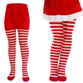 ALLY-MAGIC Christmas Striped Tights Kids, Red Green Striped Socks Full Footed Striped Socks, Xmas Fancy Dress Costume Stockings for Girls Christmas Cosplay Dress Up Accessories (White & Red)