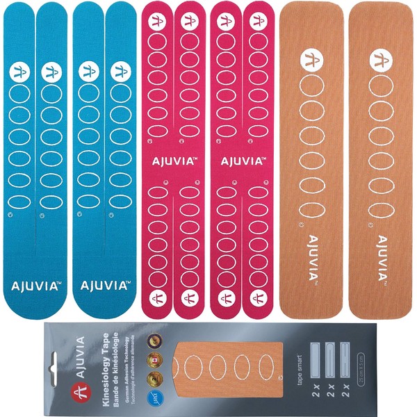 AJUVIA Kinesiology Tape - Lasts UP to 14 Days - Waterproof Athletic Tape - Precut Sports Tape - 10" x 2" (1 Envelope, 3 Colors, 6 Pieces)