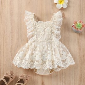 FYMNSI Newborn Baby Girl Lace Romper, Ruffle, Sleeveless Bodysuit, One-Piece Princess Bodysuit with Headband Set, apricot
