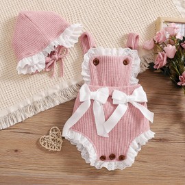 Newborn Baby Girl Outfit Bow Decor Lace Trim Waffle Overall Romper + Hat Infant Clothing Set (Pink, 12-18 Months)