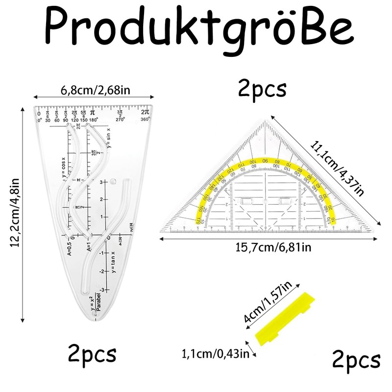 Set of 4 Parabolic Template Maths Geo Triangles Set Flexible