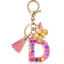[Looking] Women Keychain Cute Stylish Alphabet Key Ring Pink Initial Letter Reel Strap Tassel Purse Backpack Charm, Pink D