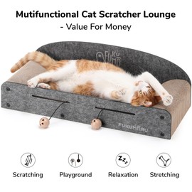 FUKUMARU 26 Inch Cat Scratcher Cardboard Lounge Bed, 2 Reversible Cat Scratch Pads Refill for Indoor Cats, Durable Cats Scratching Boards Extra Large Lounger Bed Sofa Couch with Ball Toy, Grey