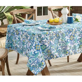 Newbridge Rectangle Fabric Tablecloth, Corfu Mediterranean Blue Paisley, 60 x 102 Inch, Indoor Outdoor Stain and Water Resistant Heavy Weight Table Cover, Shabby Chic Blue Floral