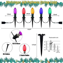 38Ft C9 Led Christmas Pathway Lights Outdoor, 25 C9 LED Multicolor Bulbs String Lights Waterproof with Stakes, Connectable Christmas Walkway Lights for Outdoor Yard Lawn Sidewalk Driveway Decor