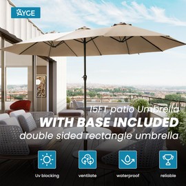 15ft Rectangle Large Outdoor Patio Umbrellas with Base Included,Patio Double Table Umbrella with Crank Handle,Market Umbrella-UV Resistant,Heavy-Duty Pool Umbrella for Lawn, Backyard,Garden,Yard,Beige