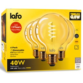 LafoHome TimelessGlow 4pk G25 Vintage LED Filament Bulb, Dimmable, 5W (40W Eq), E26, 250 Lumens, Amber Glass, 2000K Amber, Flicker-Free, Decorative, Globe Spiral Filament LED Bulb