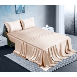 Manyshofu Satin Queen Sheets Set 4 Piece - Soft Silky Satin Sheets Set, Beige Satin Bed Sheets Cooling & Luxury Bedding Sheet Set(1 Satin Fitted Sheet, 1 Satin Flat Sheet, 2 Satin Pillow Cases)