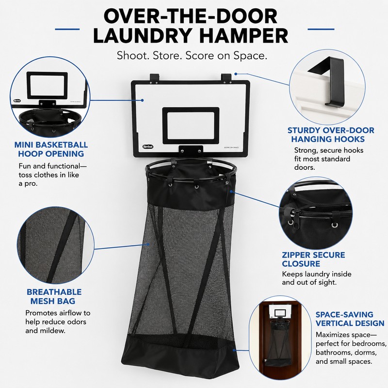 Door Hanging Basketball Laundry Hamper for Small Spaces – Mesh