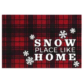 St. Nicholas Square Accent Rug, Red Black Tartan Plaid Throw Rug, Non-Skid Latex Dot Backing, Snow Place Like Home Snowflake Design for Indoor Home Decoration