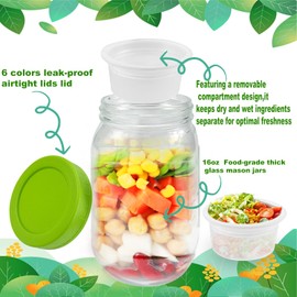Klemon 6 Pack Glass Salad Jars with Lids Meal Prep,Salad jars with Dressing Cup,2 Built-In Compartments for Wet/Dry Separation Leakproof container for Milk Fruit Yogurt