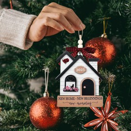 New Home Ornament 2025 - Housewarming Gifts for New Home, House Warming Gift for Women Couple houseowners Ideas, Wooden First Home Chirstmas Ornament 2025(House 04)