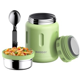BOBBER 24 oz Insulated Stainless Steel Thermos for Hot Food, Extra-Wide Mouth Soup Container with Spoon and Bowl - Keeps Rice and Pasta Hot for 14 Hours and Salads Cold for 20 Hours (Green)
