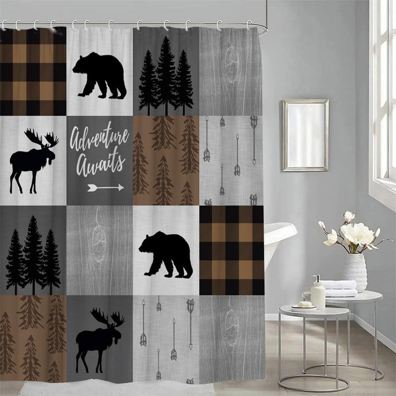 YSSFAV Rustic Cabin Shower Curtain Bear Deer Moose Camping Lodge