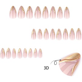 Uas Postizas Medianas Press On Corazn 3D Brillante, Mariposa y Lneas Onduladas, Uas Postizas Acrlicas, Ajuste Perfecto y Reutilizables Naturales Set de 24 Uas (French Gold, 24pcs)