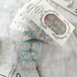 Blue French Tip Press on Toenails Short Square Fake Toe Nails with 3D Flower Designs Toe Press on Nails Heart Rhinestones False Toenails Summer Acrylic Toenail Glue on Toe Nails for Women 24Pcs