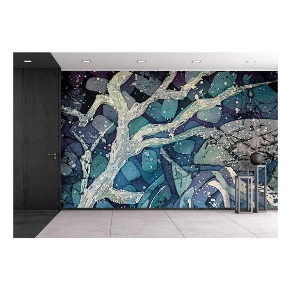 wall26 - Mystical Tree Turquoise and Violet, Hot Batik Background Texture, Handmade on Silk - Removable Wall Mural | Self-Adhesive Large Wallpaper - 66x96 inches