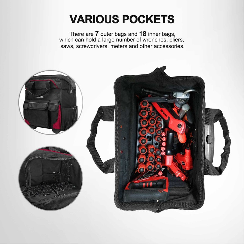 HAUTMEC 14.5" Rolling Tool Bag With Wheels Portable Tool Bag