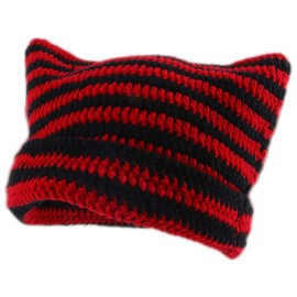 SINSEN Women's Cat Beanie Crochet Hats with Ears Knitted Striped Winter Warm Elastic Cap for Girls Adults Kids (Black Red)