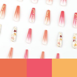 Maple Leaf Press on Nails Long Coffin French Tip Red Gradient False Nails with Maple Leaf Designs Maple Leaves Acrylic Artificial Stick on Nails for Women Thanksgiving Nail Decoration 24Pcs