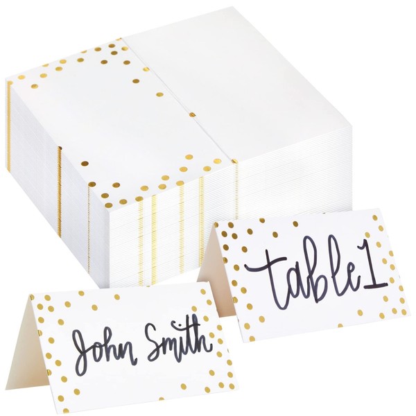 100 Pack Place Cards for Table Setting, Blank Table Name Cards for Wedding, Banquet, Events, Reserved Seating (Gold Foil Polka Dot, 2 x 3.5 In)