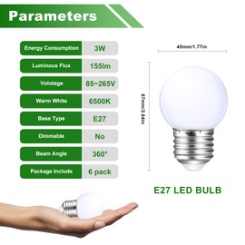 Poinivo LED Night Light Bulb,3W E27 LED Light Bulbs,Low Wattage Small Light Bulbs,6500K Daylight White,Energy Saving Light Bulb,15 Watt Equivalent,for Bathroom Vanity Porch String Light Bulbs,6 Pack