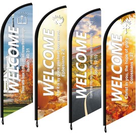 AmazingSpark 4 Pcs Thanksgiving Church Welcome Feather Flag with Scripture Sanctuary Swooper Flag for Outside Inspirational Christian Banner Bible Hanging Sign for Worship Religious Sunday Service