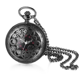 JewelryWe Quartz Skeleton Pocket Watch: Unisex Black Analog Hallow Out Embossed Gear Decor Men Women Arabic Numerals Dial Fob Hunter Watch with Sweater Chain for Mother's Day
