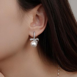 Large Pearl Rhinestone Knot Dangle Earrings for Women,Shining Bowknot Ball Beads Big Hoop Earrings Dainty Prom Pageant Birthday Jewelry Gifts, Large, Metal, No Gemstone