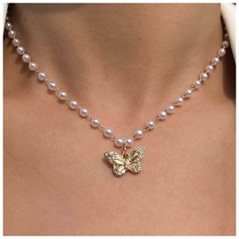 Cimenexe Bohemian Crystal Butterfly Pendant Necklace Vintage Pearl Necklace Chain Rhinestone Butterfly Choker Necklace Station Pearl Necklace Choker Jewelry for Women and Girls Gifts
