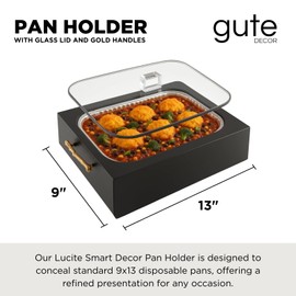 9x13 Pan Server & Holder Dish, Lucite Smart Decor Pans with Lid - Fancy 3-Piece Clear Serving Set with Rim Cover & Top – Elegant Dish for Dinner, Shabbat, Buffet, Counter, Dining Table, Black & Gold