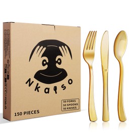 150 Pieces Gold Plastic Silverware - Heavy Duty Gold Cutlery Set Plastic Gold Silverware Set Plastic Includes 50 Forks, 50 Spoons, 50 Knives